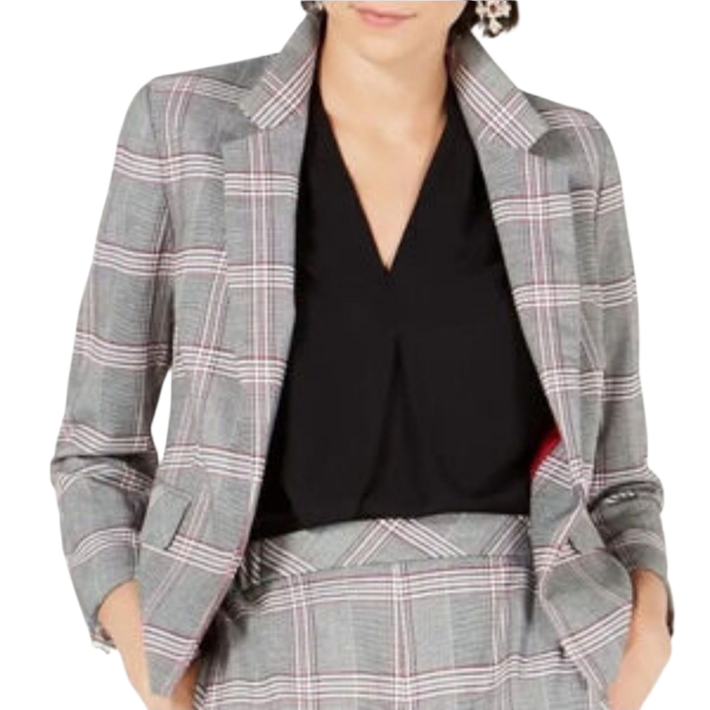 Bar III Nwot Black/Red/Gray Plaid  Open Collared Faux Pocket Lined Blazer